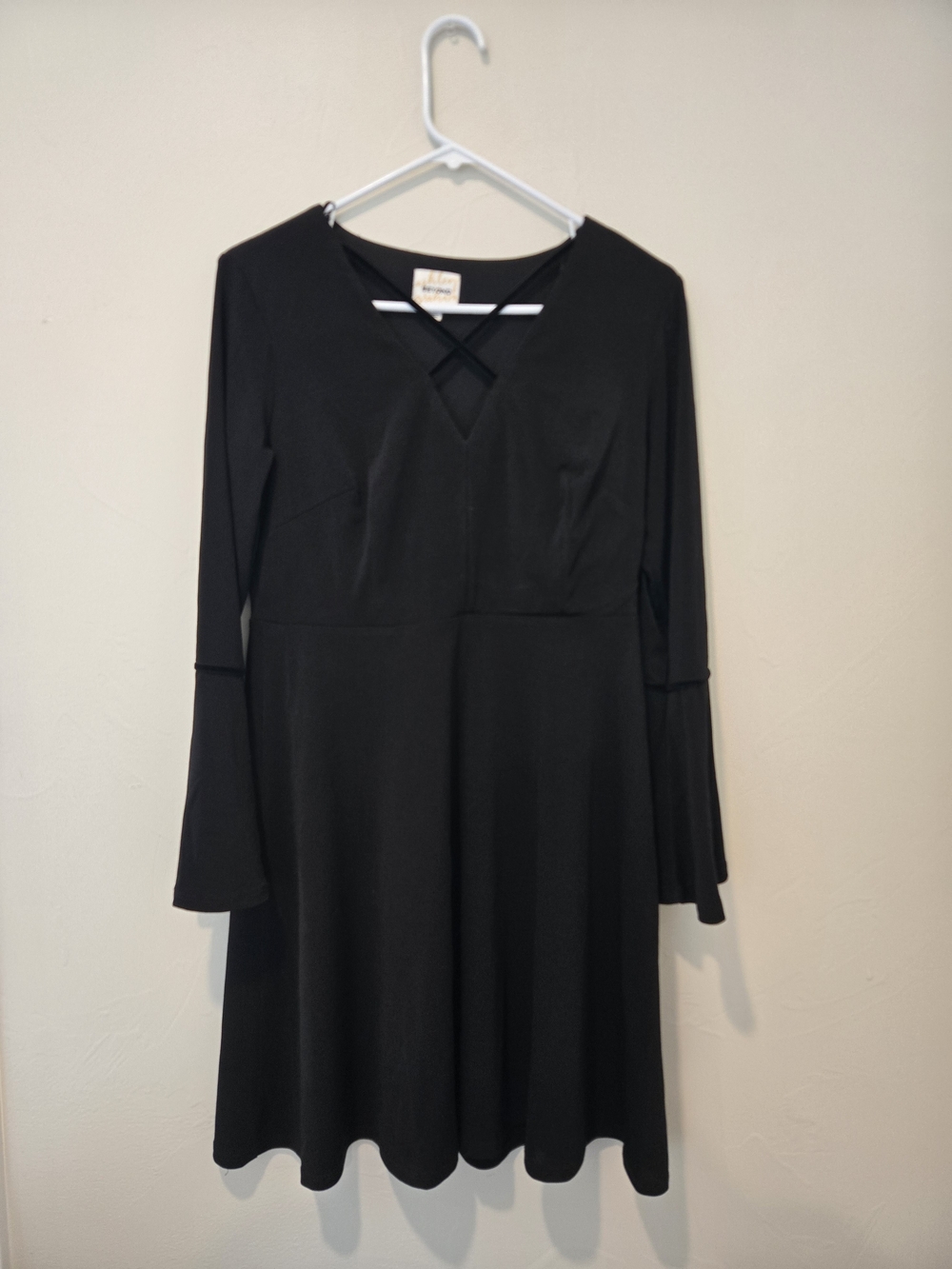 Ashley Graham Black Long-Sleeve V-Neck Skater Dress with Crisscross Detail